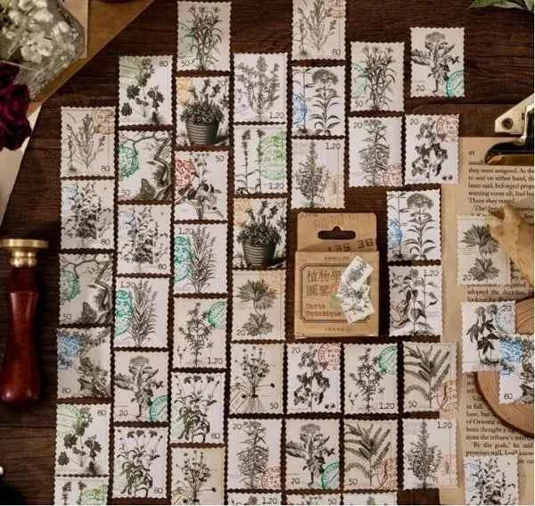 Stickerdoosje | Planten stickers in grijstinten | Postzegelvorm