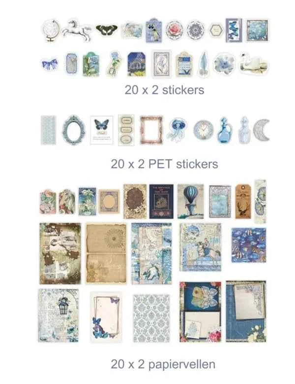 100-delig papier- en stickerset | Blauwe tinten