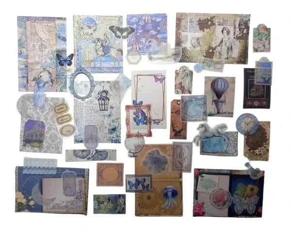 100-delig papier- en stickerset | Blauwe tinten