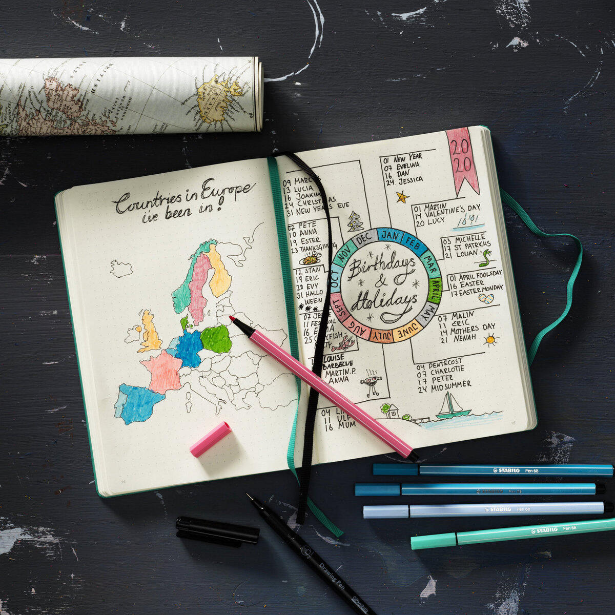 'Flatlay bullet journal met washi stickers en stempels — Geert en Ko hobbyshop'