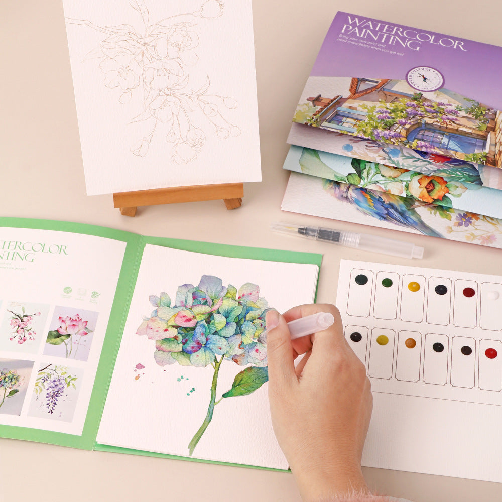 Aquarel schilderen set bloemen – 6 tekeningen op aquarelpapier met verf en waterstift