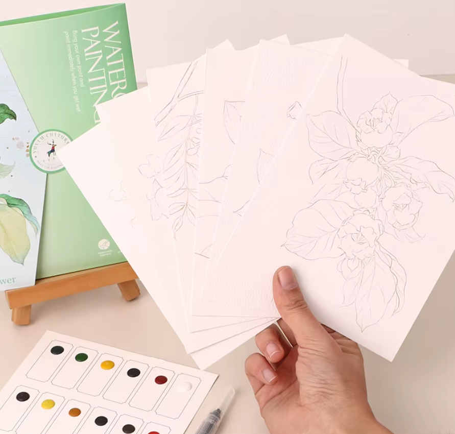 Aquarel schilderen set bloemen – 6 tekeningen op aquarelpapier met verf en waterstift