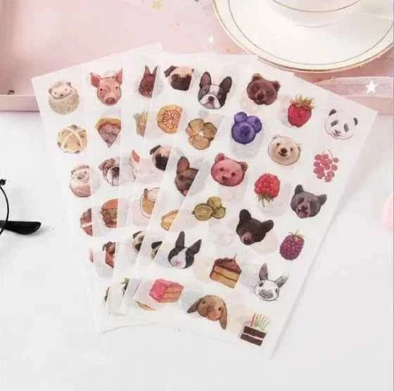 6 vellen washistickers | Dierenkopjes en Eten