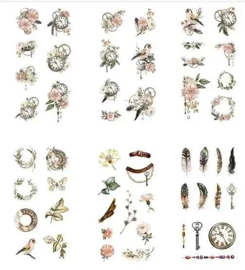 6 vellen washistickers | Vintage Bloemstukken en Veren
