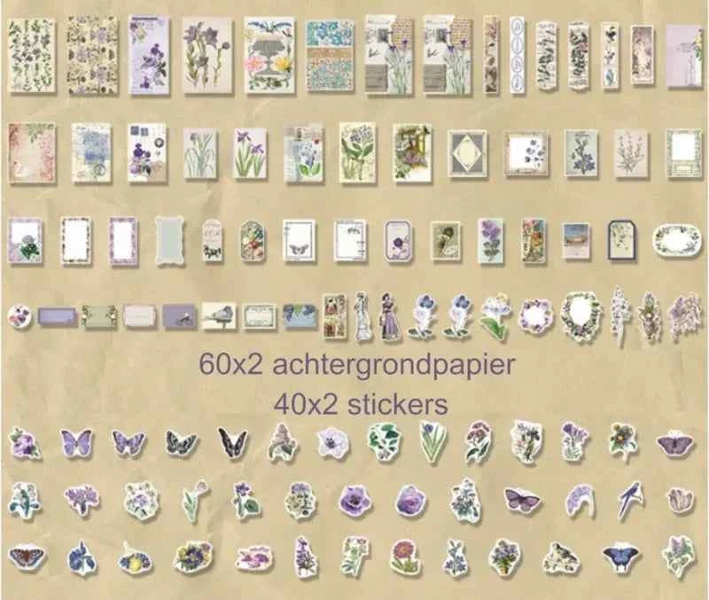 200-delig papier- en stickerset | Paarse kleuren