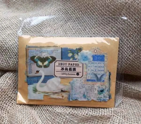 100-delig papier- en stickerset | Blauwe tinten