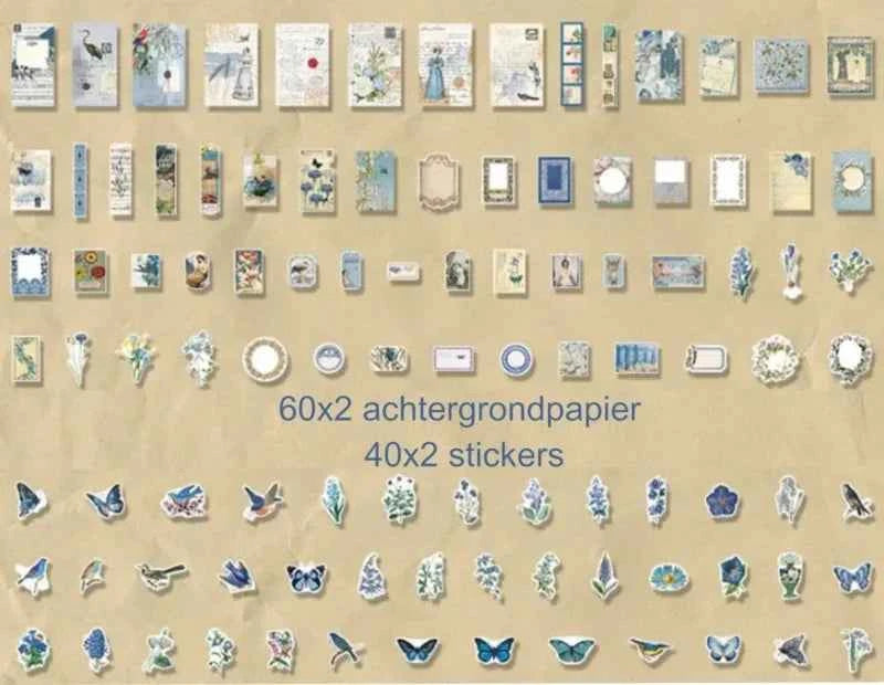 200-delig papier- en stickerset | Blauwe kleuren