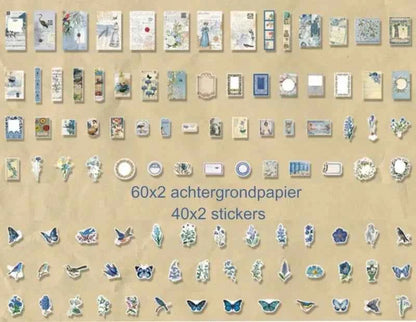 200-delig papier- en stickerset | Blauwe kleuren