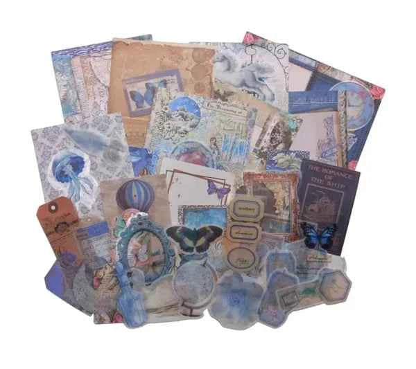 100-delig papier- en stickerset | Blauwe tinten