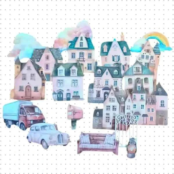 Kartonnen stickers | Het rustige dorp