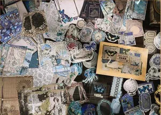 100-delig papier- en stickerset | Blauwe tinten