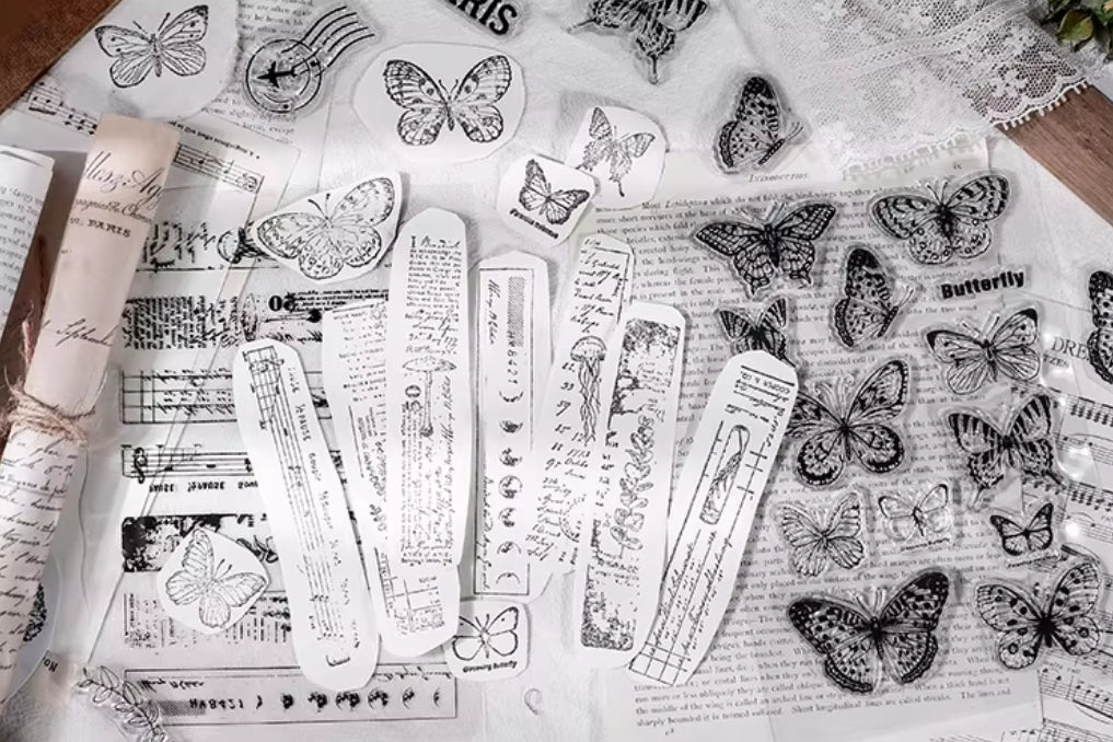 Vintage vlinderstickers en washi strips met botanische illustraties voor bullet journaling I Geert en Ko